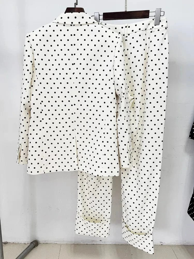 HIGH STREET Newest 2025 Designer Suit Women Bow Decorated Polka Dot Blazer Pants Set 2PCS