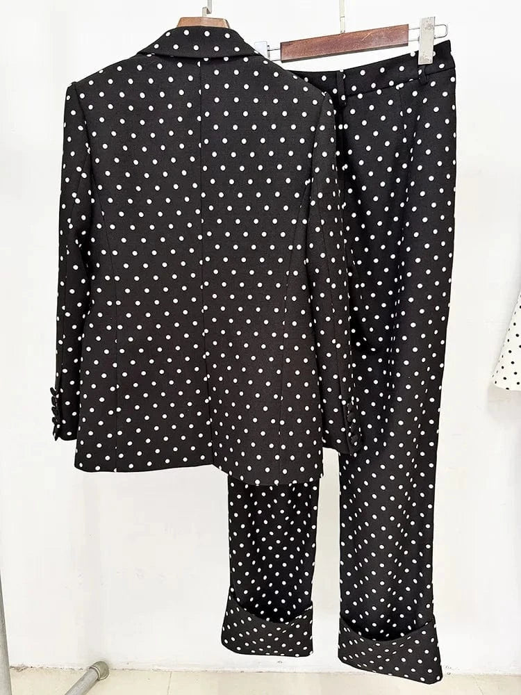 HIGH STREET Newest 2025 Designer Suit Women Bow Decorated Polka Dot Blazer Pants Set 2PCS