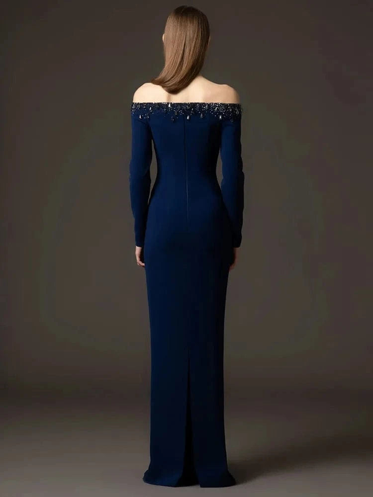 HIGH STREET Newest 2025 Designer Vestido Women's Diamonds Beaded Slash Neck Off The Shoulders Long Maxi Dress