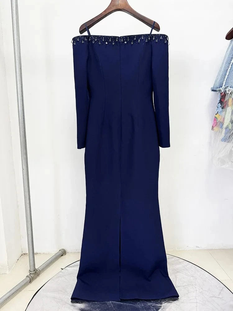 HIGH STREET Newest 2025 Designer Vestido Women's Diamonds Beaded Slash Neck Off The Shoulders Long Maxi Dress