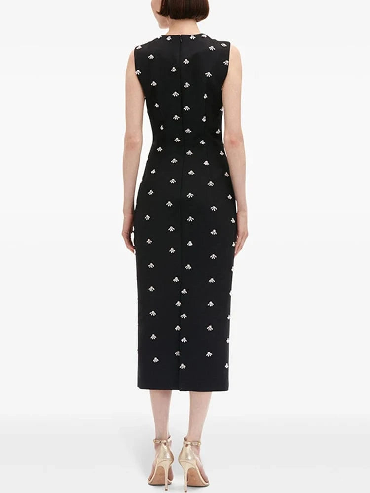 HIGH STREET Newest 2025 S/S Designer Vestido Women's Sleeveless Pearls Beaded Midi Tank Dress