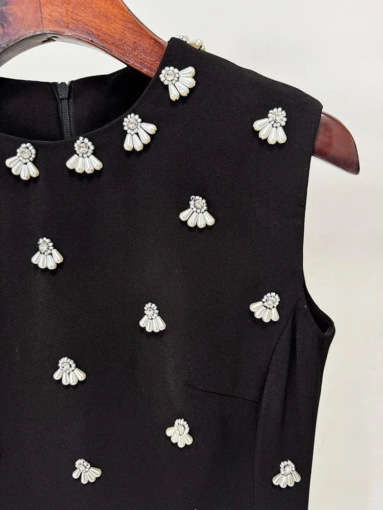 HIGH STREET Newest 2025 S/S Designer Vestido Women's Sleeveless Pearls Beaded Midi Tank Dress