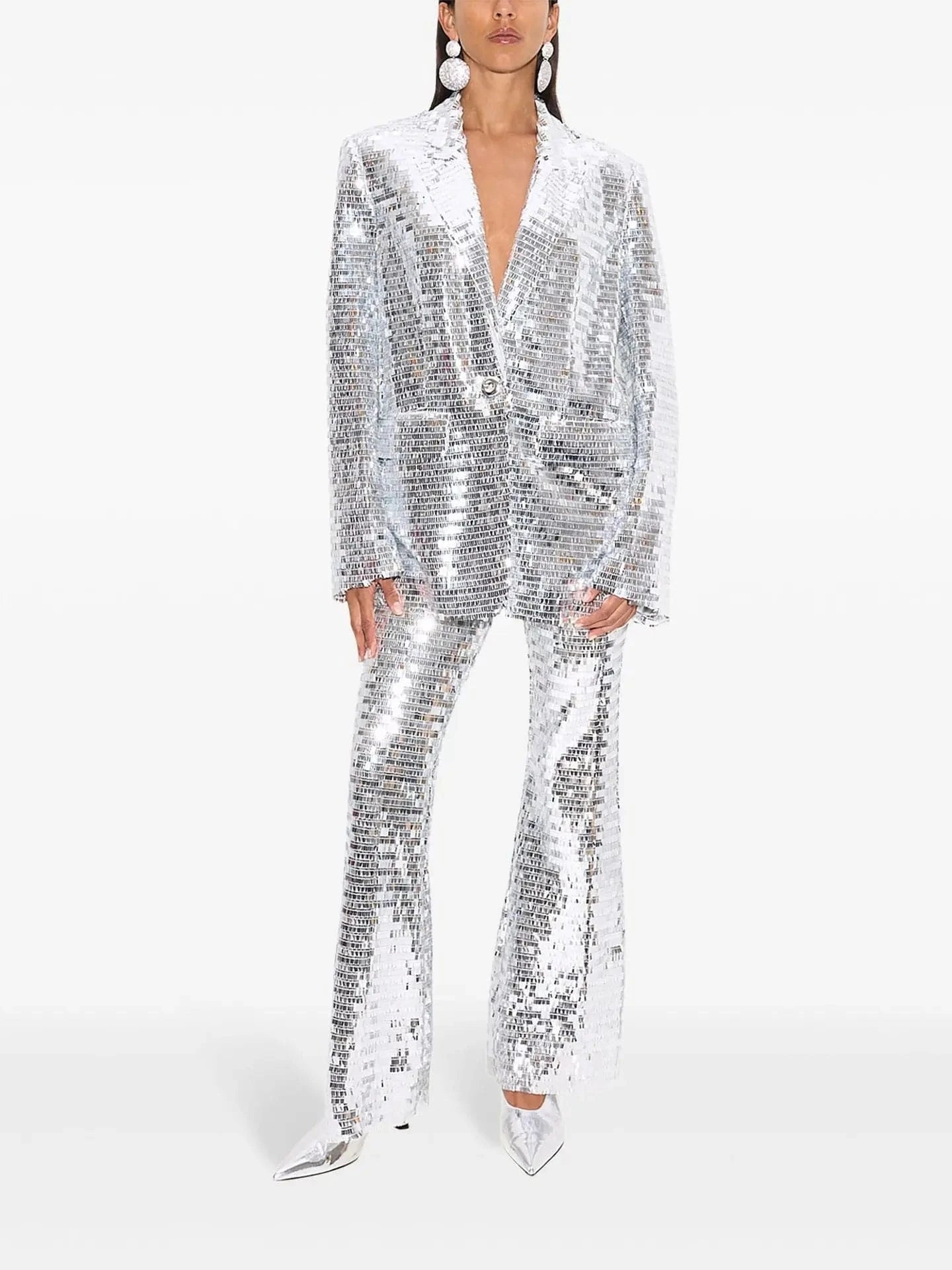 HIGH STREET Newest 2025 Stylish Designer Suit Set Women's Trim Single Button mesh Sequined Blazer  Pants Set