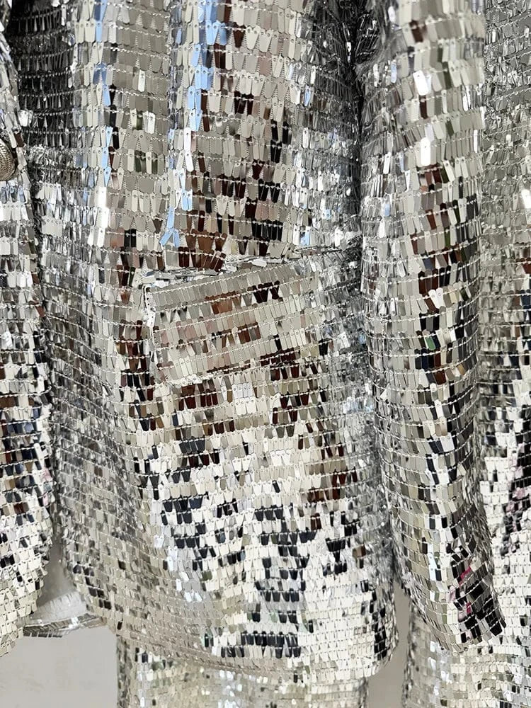 HIGH STREET Newest 2025 Stylish Designer Suit Set Women's Trim Single Button mesh Sequined Blazer  Pants Set