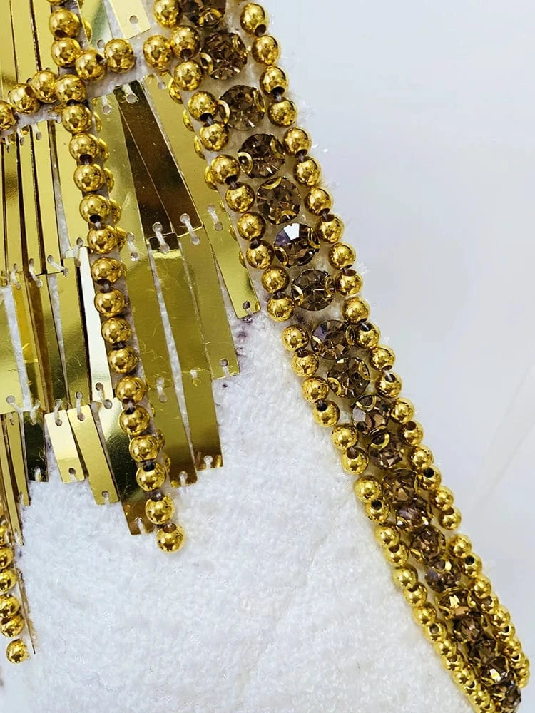 HIGH STREET Newest Fashion 2024 Designer Tops Women's Stunning Metallic Diamonds Beaded Halter Neck Tweed Camis Tank Tops