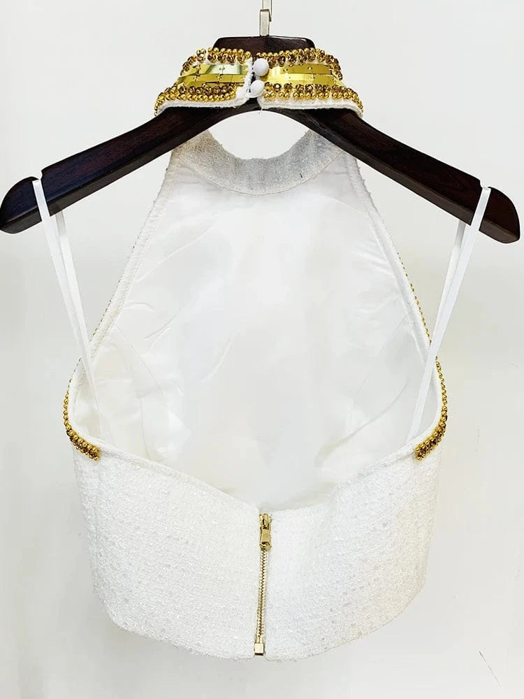 HIGH STREET Newest Fashion 2024 Designer Tops Women's Stunning Metallic Diamonds Beaded Halter Neck Tweed Camis Tank Tops