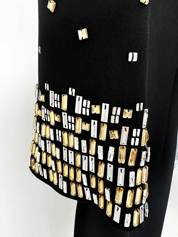 HIGH STREET Newest Fashion 2024 Designer Vestido Women's Formal Half Sleeve Rhinestone Diamonds Beaded Midi Dress