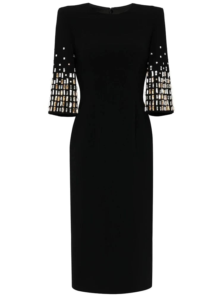 HIGH STREET Newest Fashion 2024 Designer Vestido Women's Formal Half Sleeve Rhinestone Diamonds Beaded Midi Dress