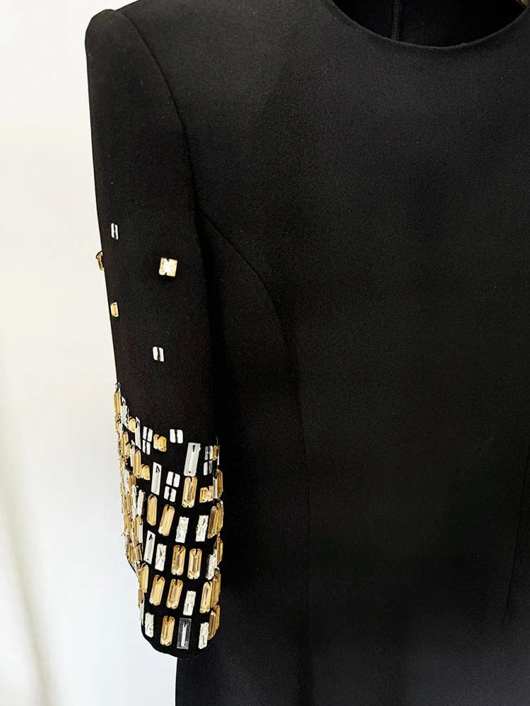 HIGH STREET Newest Fashion 2024 Designer Vestido Women's Formal Half Sleeve Rhinestone Diamonds Beaded Midi Dress