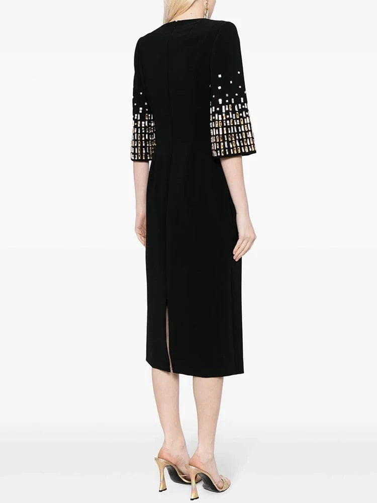 HIGH STREET Newest Fashion 2024 Designer Vestido Women's Formal Half Sleeve Rhinestone Diamonds Beaded Midi Dress