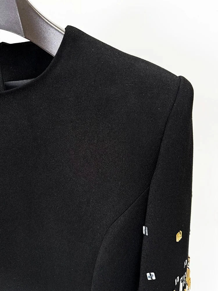 HIGH STREET Newest Fashion 2024 Designer Vestido Women's Formal Half Sleeve Rhinestone Diamonds Beaded Midi Dress