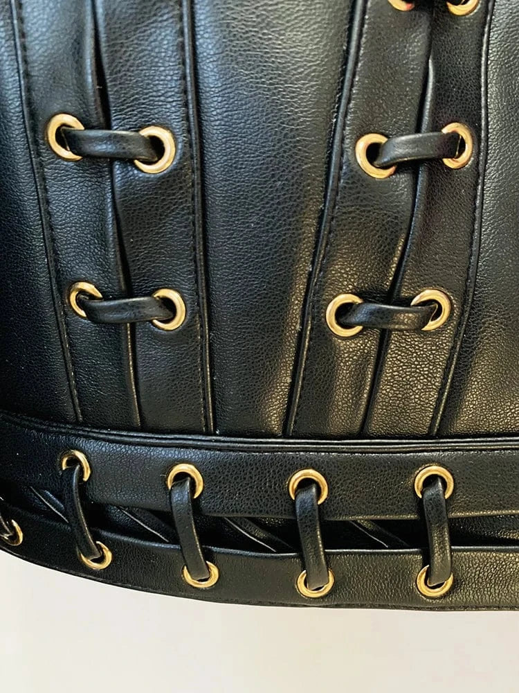 HIGH STREET Newest Fashion 2025 Designer Blazer Women's O-neck Rope Lace-Up Trimmed Artificial Leather Jacket