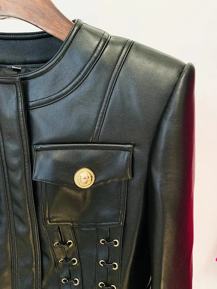 HIGH STREET Newest Fashion 2025 Designer Blazer Women's O-neck Rope Lace-Up Trimmed Artificial Leather Jacket