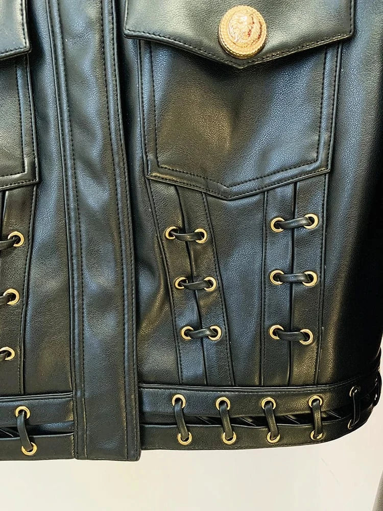 HIGH STREET Newest Fashion 2025 Designer Blazer Women's O-neck Rope Lace-Up Trimmed Artificial Leather Jacket