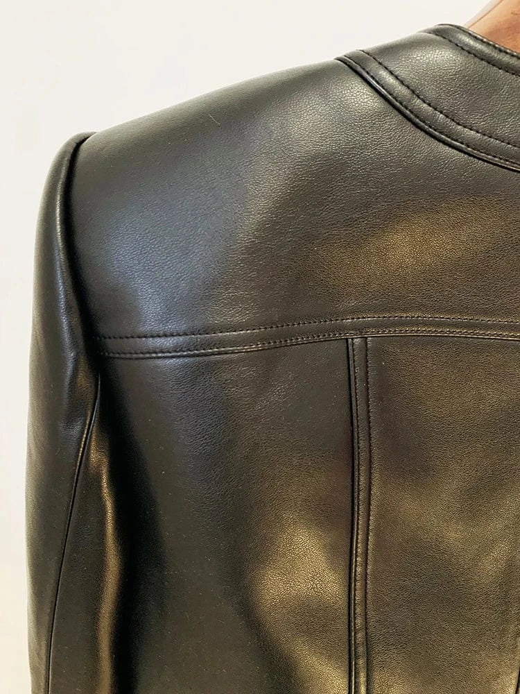 HIGH STREET Newest Fashion 2025 Designer Blazer Women's O-neck Rope Lace-Up Trimmed Artificial Leather Jacket