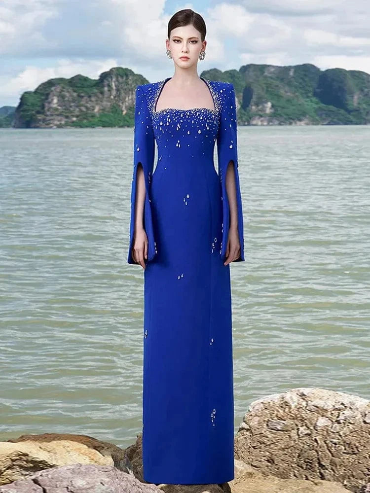 HIGH STREET Newest Fashion 2025 Designer Party Vestido Women's Diamonds Beaded Slit Sleeve Long Maxi Dress