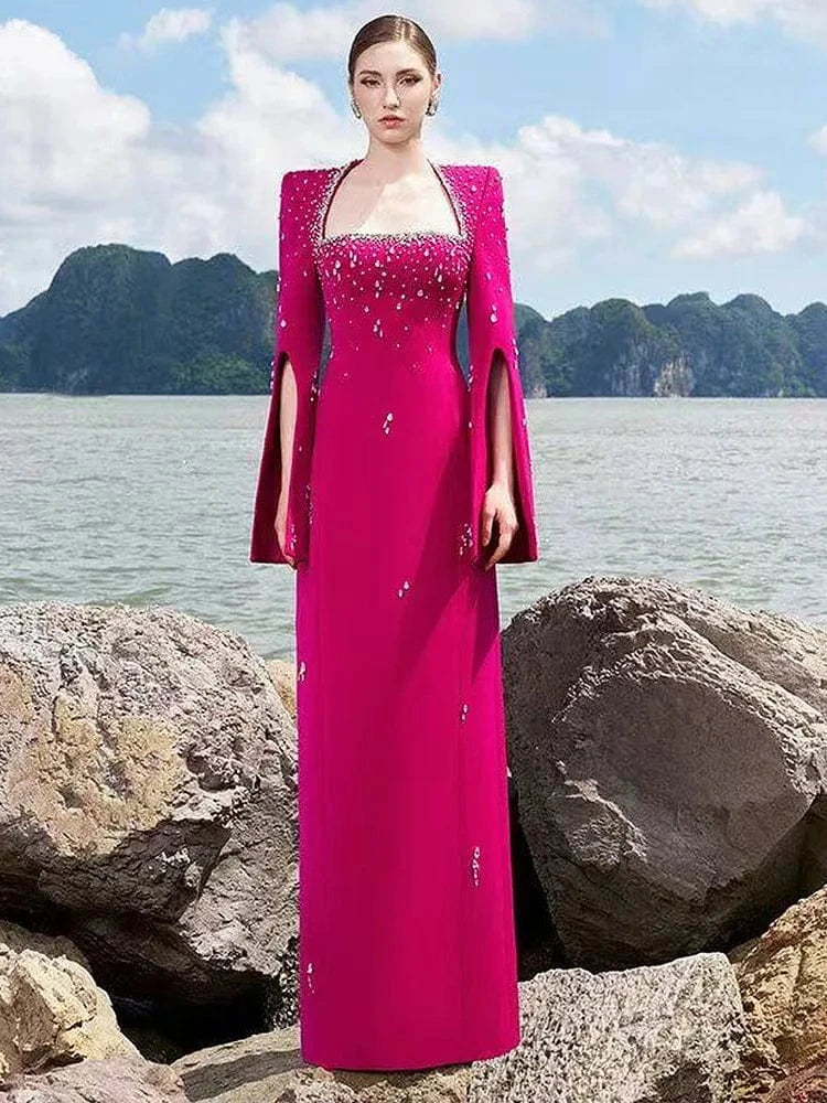 HIGH STREET Newest Fashion 2025 Designer Party Vestido Women's Diamonds Beaded Slit Sleeve Long Maxi Dress