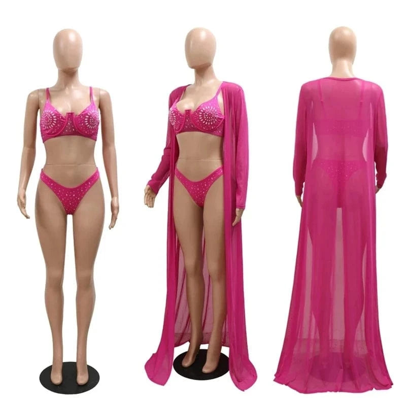 High Waist 3 Piece Bikini Set with Cover up Sexy Crystal Rhinestone Bathing Suit Beachwear Swimming Suit Beach Outfits for Women