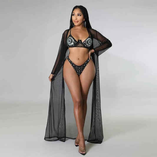 High Waist 3 Piece Bikini Set with Cover up Sexy Crystal Rhinestone Bathing Suit Beachwear Swimming Suit Beach Outfits for Women