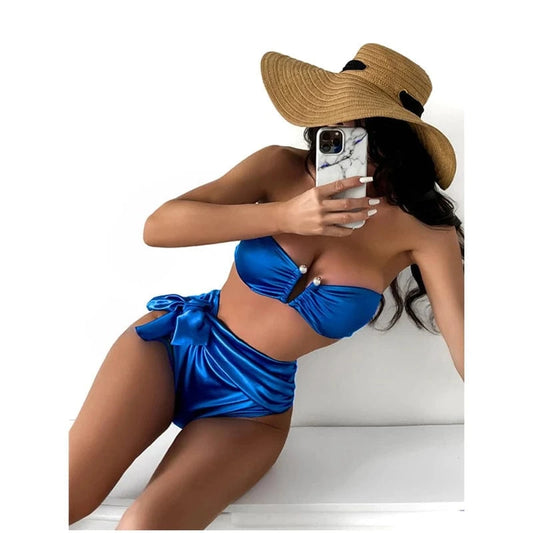 High Waist Bikini Set 2024 sexy Shiny Pearl Swimsuit String Sexy Swimwear Romantic Beach Wear Strapless Women's Sequin Bikini