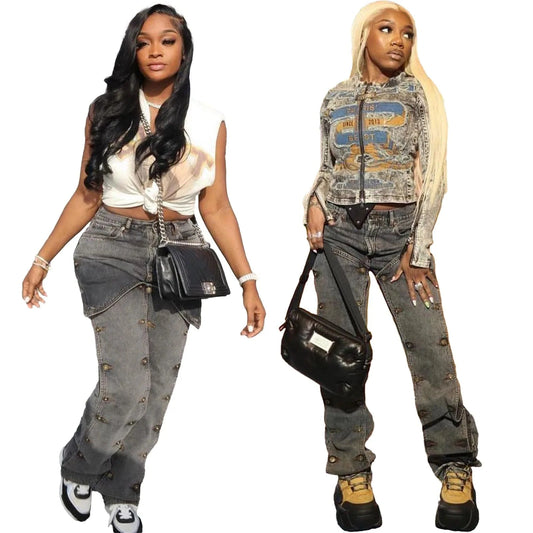 High Waist Button Design Straight Leg Denim Jeans