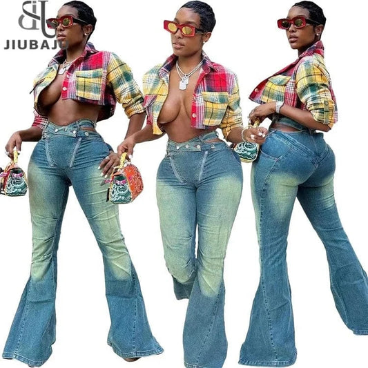 High Waist Cross Belt Flare Denim Jeans