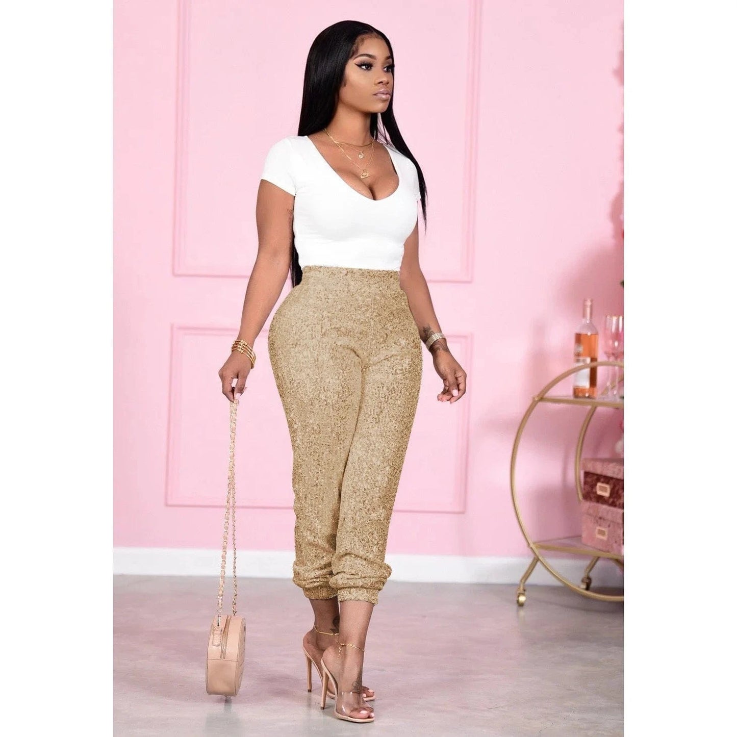 High Waist Elastic Sequined Ankle Banded Pants Women Spring Fall Shining Casual Pant