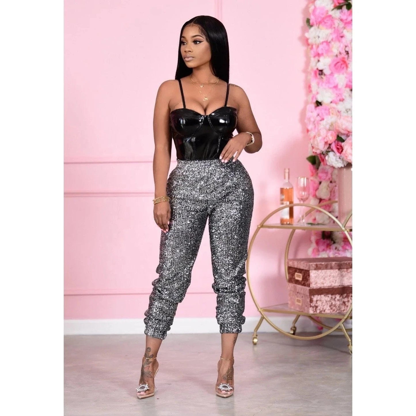 High Waist Elastic Sequined Ankle Banded Pants Women Spring Fall Shining Casual Pant