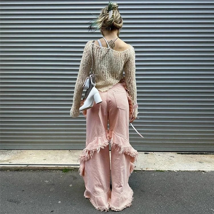 High Waist Fringe Ruffle Wide Leg Pants
