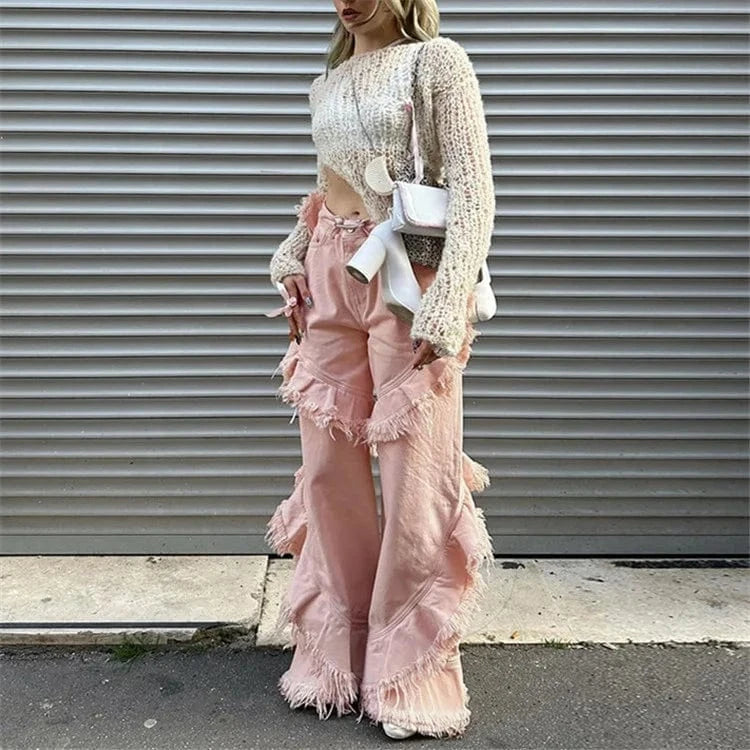 High Waist Fringe Ruffle Wide Leg Pants
