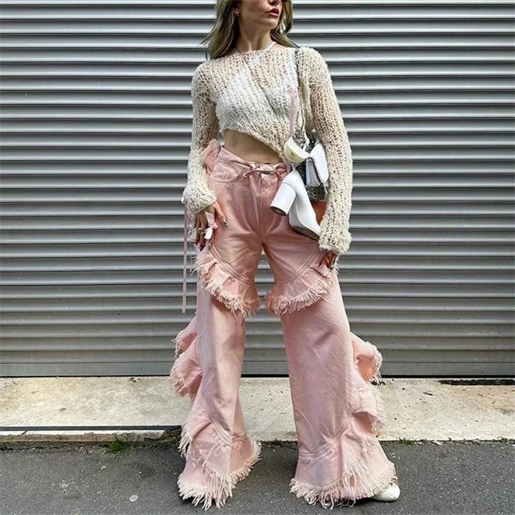 High Waist Fringe Ruffle Wide Leg Pants