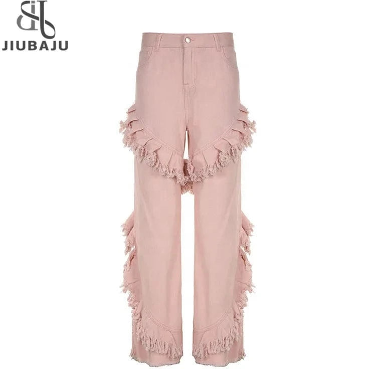 High Waist Fringe Ruffle Wide Leg Pants