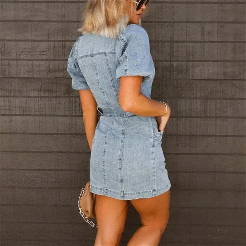 High Waist Lace-up Double Pocket Women Denim Dresses Lapel Single-breasted Cardigan Dress Female Trend Streetwear Commuter Gown