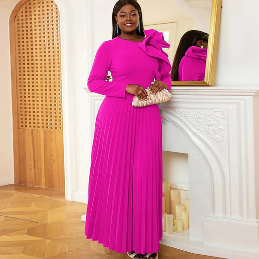 High Waist Maxi Pleat Church Dresses Ruffle Hot Pink Ladies Evening Dress