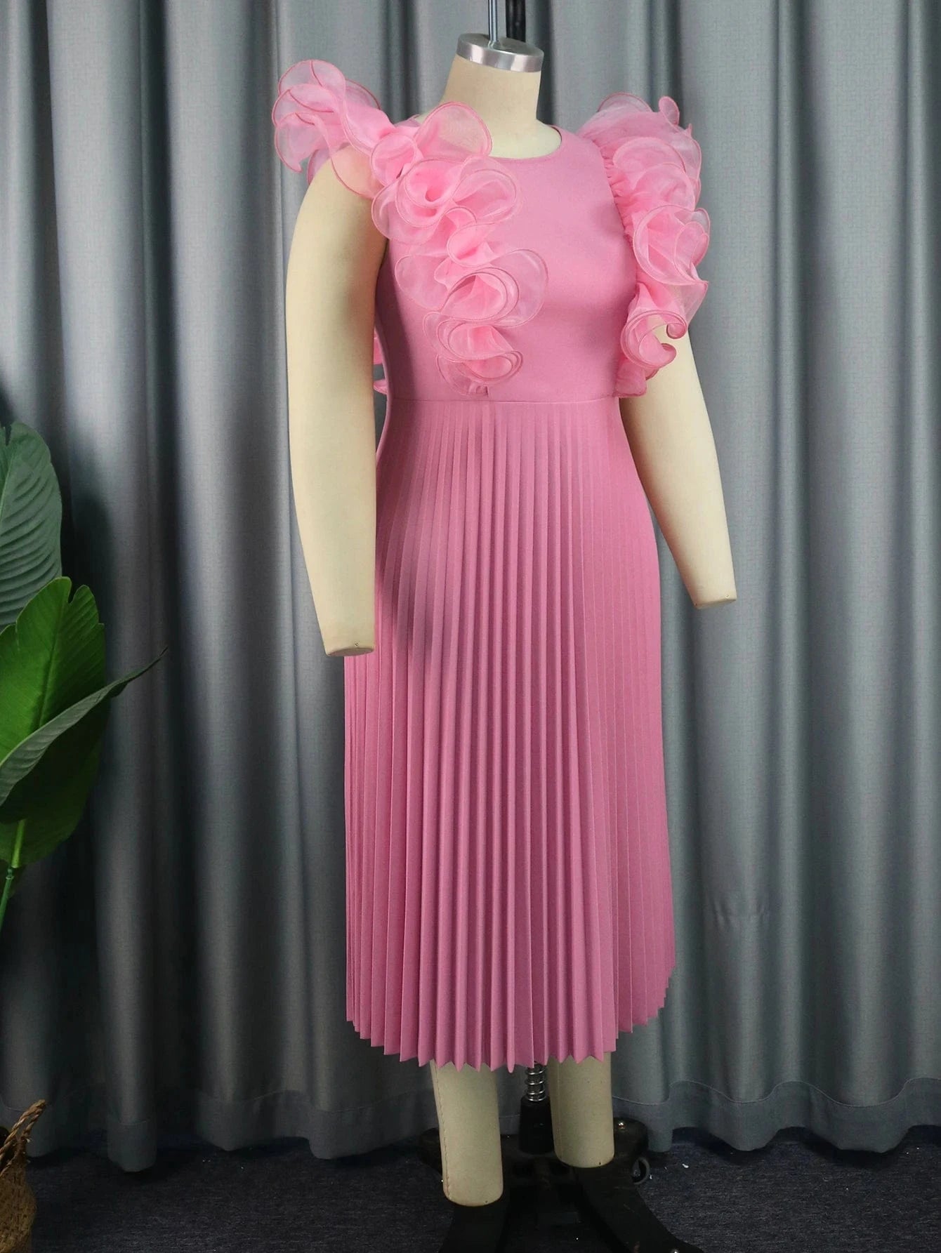 High Waist Midi Pleat Ruffle Pink Sleeveless Women Prom 2024 Dresses