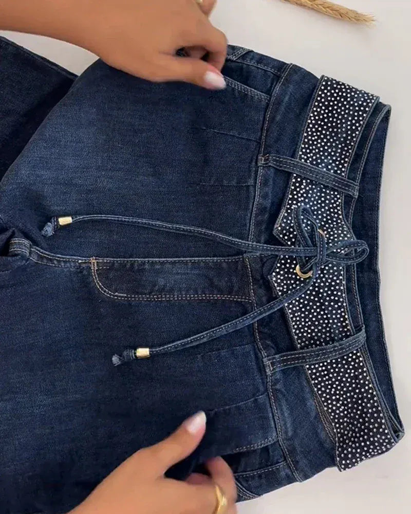 High Waist Skinny Jeans for Women Grommet Eyelet Lace-Up Pocket Design Wrap Hips Pants Plain Sexy Shaping Denim Trousers