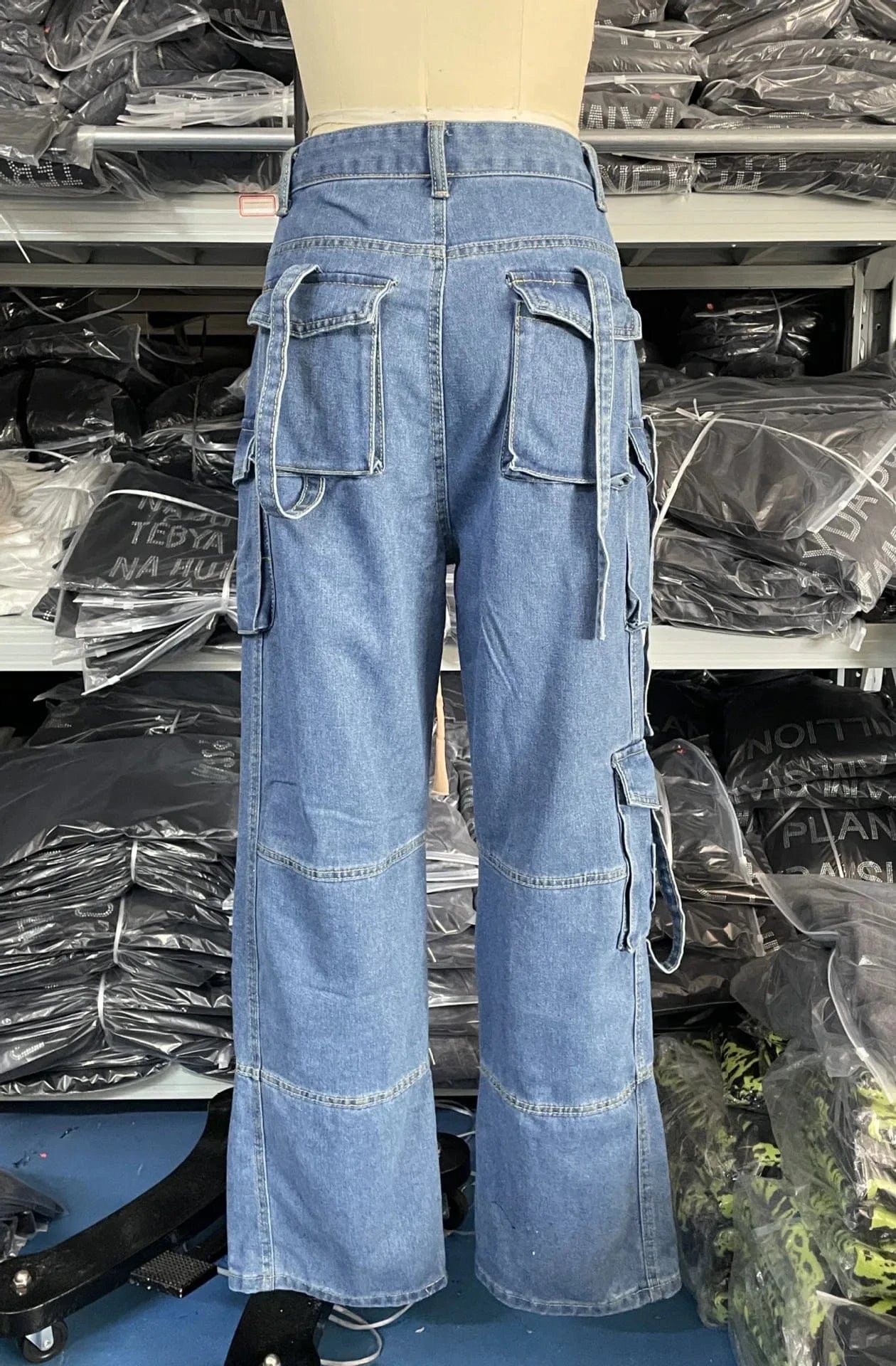 High Waist Wide Leg Cargo Denim Jeans for Women