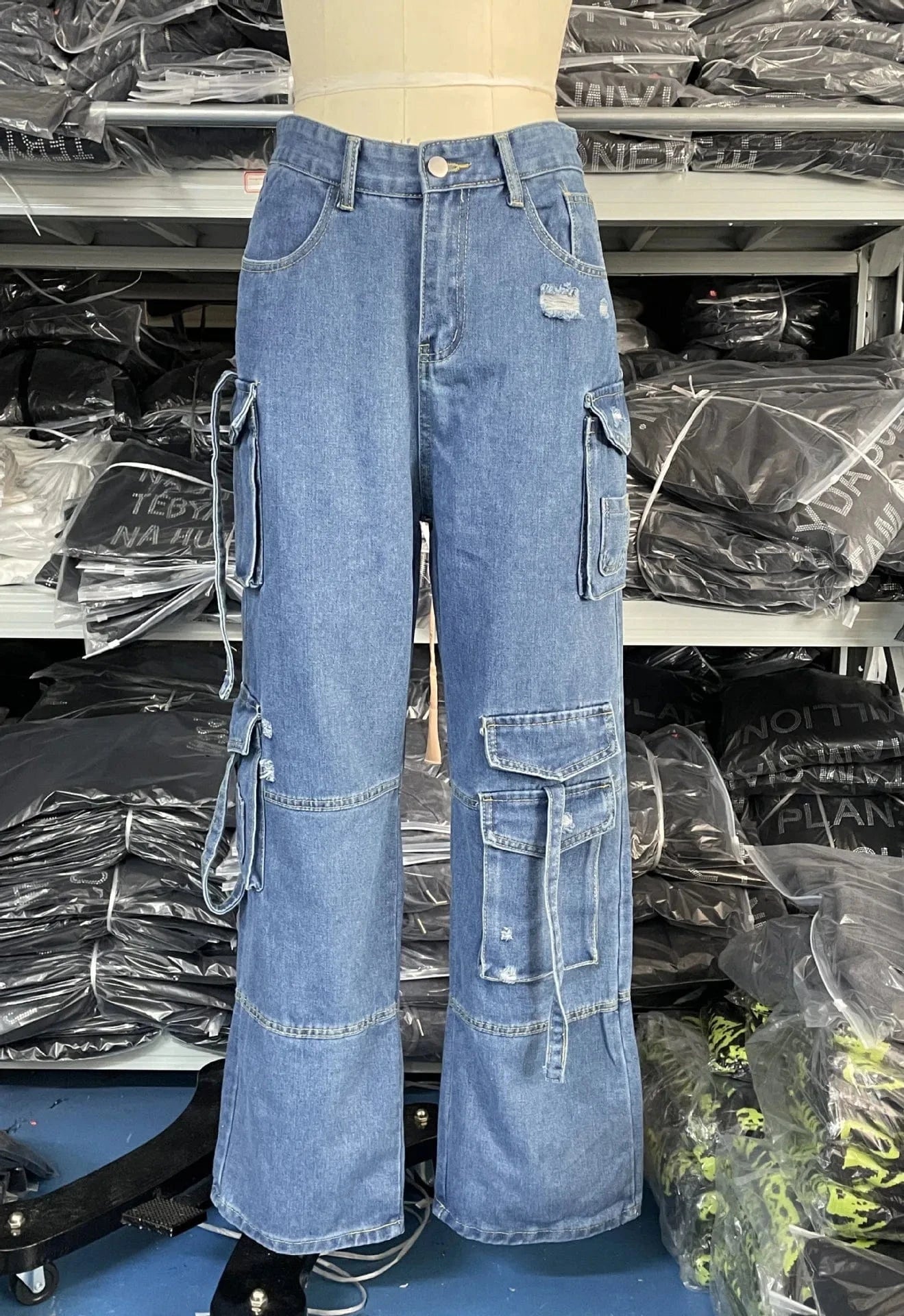 High Waist Wide Leg Cargo Denim Jeans for Women