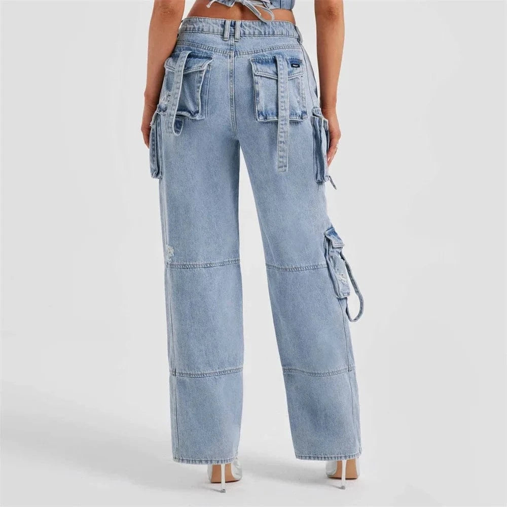 High Waist Wide Leg Cargo Denim Jeans for Women