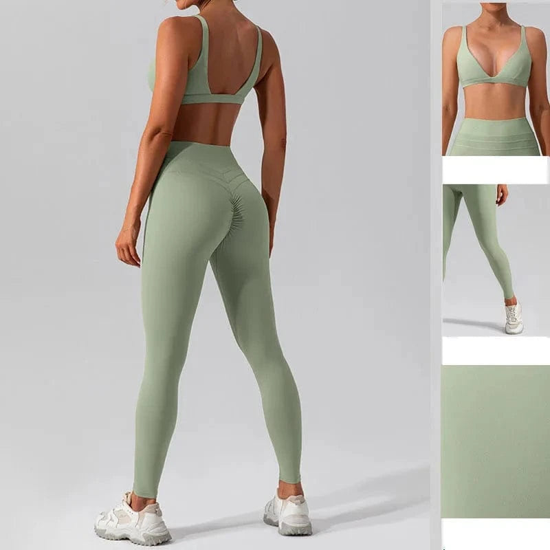 High Waist Women 2 Piece Fitness Front Deep V Bra Set Spandex Outfits High Waist Yoga Leggings Set