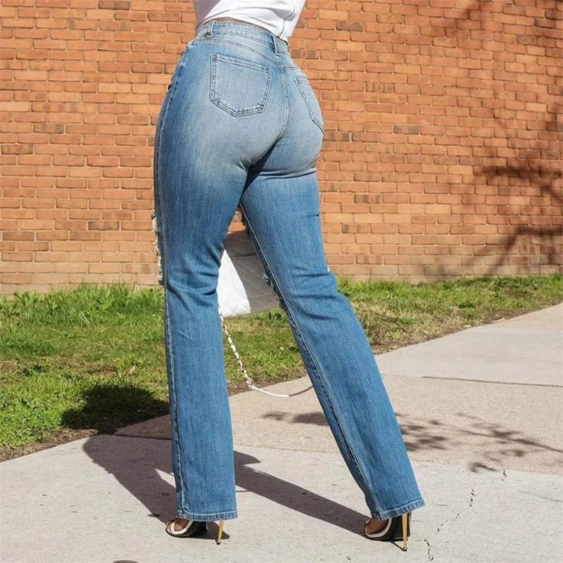 High-Waisted Distressed Ripped Straight Jeans