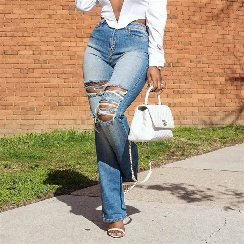 High-Waisted Distressed Ripped Straight Jeans