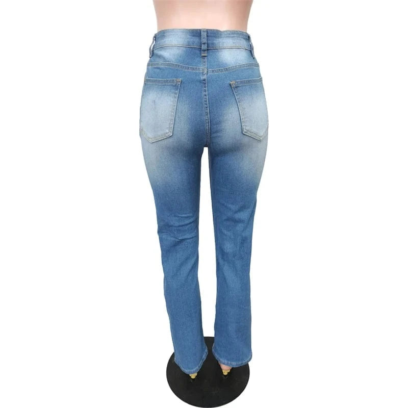 High-Waisted Distressed Ripped Straight Jeans