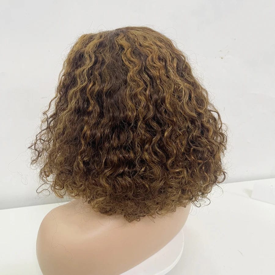 Highlight 4-27 / 12 Inches New Style Brazilian GluelessTransparent HD Short Pixie Water Curl Blunt Cut 4x4 Frontal Lace BOB Wigs Human Hair for Women