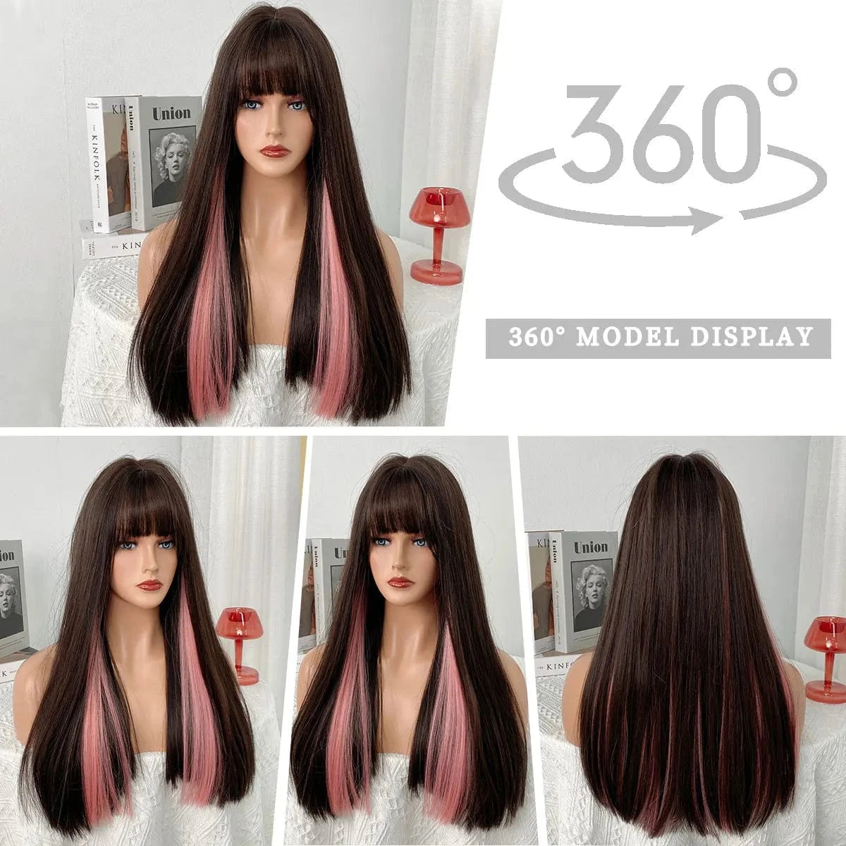 Highlights Pink Wig with Bangs Long Straight Wigs for Women,Heat Resistant Light Pink Synthetic Wigs Black Pink Hair