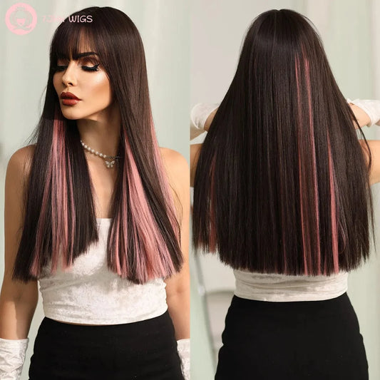 Highlights Pink Wig with Bangs Long Straight Wigs for Women,Heat Resistant Light Pink Synthetic Wigs Black Pink Hair
