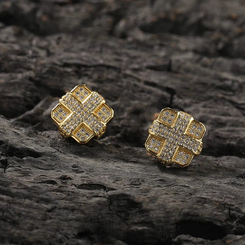 Hip Hop 4 Block Shape Earrings 18K Gold Plated Popular Cross Earring Women Man Wholesale Jewelry
