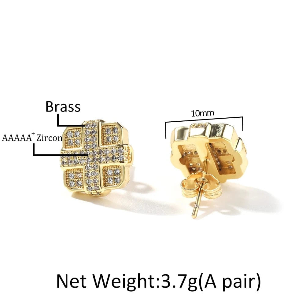 Hip Hop 4 Block Shape Earrings 18K Gold Plated Popular Cross Earring Women Man Wholesale Jewelry