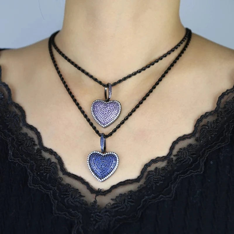 Hip Hop Blue Purple Heart Pendant Necklace Iced Out Bling Micro Pave 5A CZ Cubic Zirconia Men Boy Jewelry