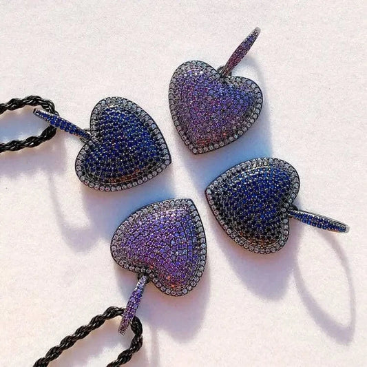 Hip Hop Blue Purple Heart Pendant Necklace Iced Out Bling Micro Pave 5A CZ Cubic Zirconia Men Boy Jewelry